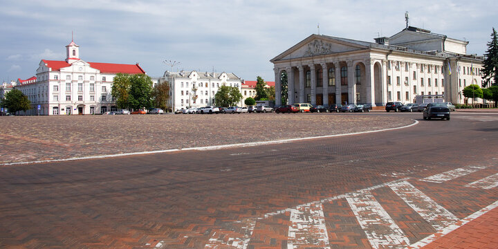 Chernihiv, Ukraine, July 19, 2021. Chernihiv Drama Theater on the central square of the city. Place for text.
