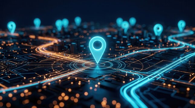 Glowing city routes and a pinpoint location marker shown on a digital map with a futuristic navigation system and global network connections.