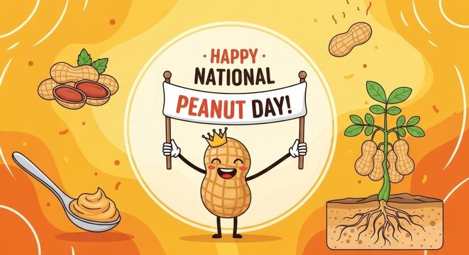 Happy peanut character celebrating National Peanut Day with banner