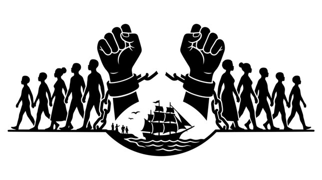 Black silhouette depicting breaking chains figures and a sailing ship on water