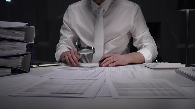 Professional businessman using a magnifying glass discovering financial data and scrutinizing corporate tax documents. Auditing company records for fraud and errors
