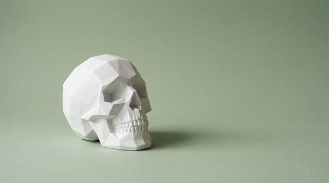 White geometric low poly skull on light green background