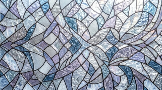 Vibrant stained glass window texture with intricate blue and white floral pattern design elements
