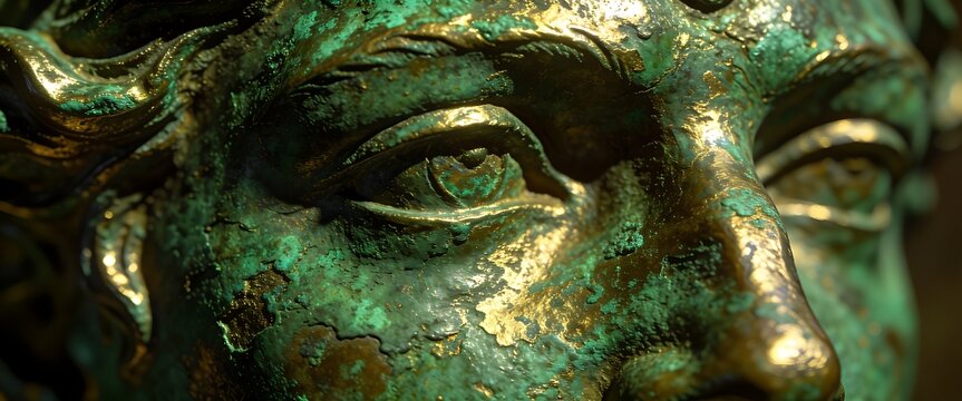Macro detail of ancient bronze statue eye with green patina and gold highlights