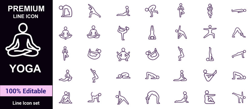 Yoga pose line set featuring various stretching exercises, meditation positions, and fitness body movements