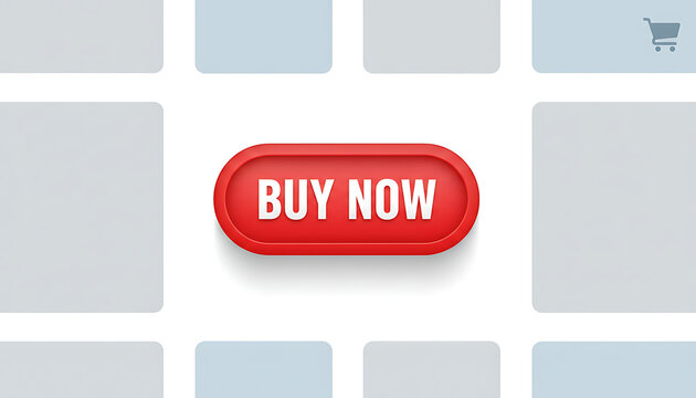 Red three-dimensional buy now button centered on a clean white background.