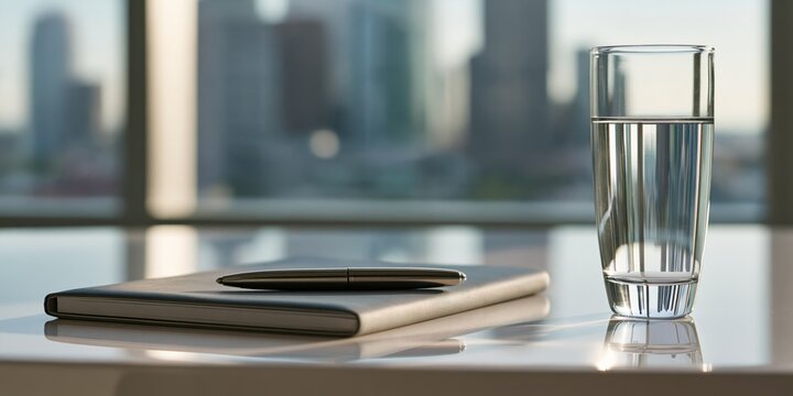 Minimalist Office Workspace with Gray Notebook, Metallic Pen and Glass of Water