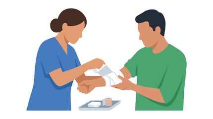 Obraz premium Medical professional applying bandage to patient injured arm.