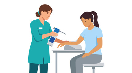 Obraz premium Medical professional treating patient hand with spray medicine.
