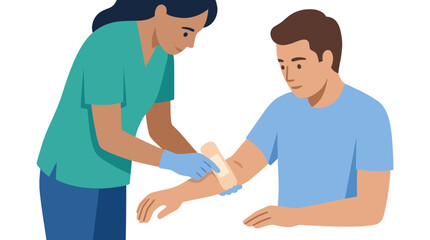 Fototapeta premium Nurse applying bandage to patient arm wound.