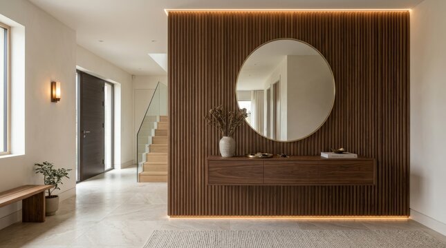 Modern Entryway Design with Round Mirror and Wood Accents