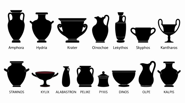 Set of ancient Greek pottery silhouettes with names featuring amphora, krater, and traditional classic ceramic vases vector illustration