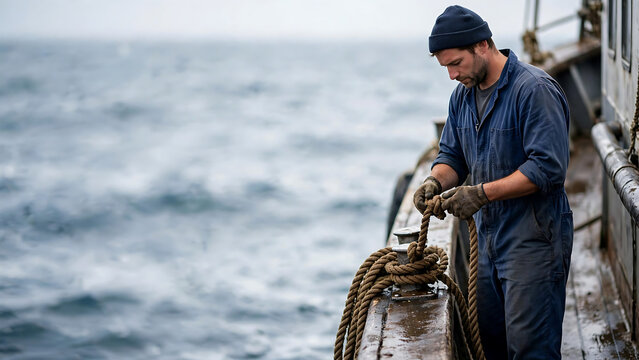 Dedicated worker carefully securing thick nautical rope on a fishing vessel amidst the vast open ocean under a cloudy sky