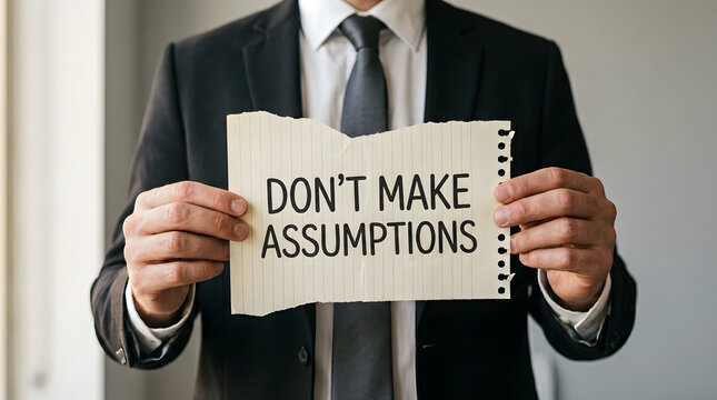 Professional holding torn paper sign warning against unfounded speculation with assumptions against neutral formal attire holding don make assumptions