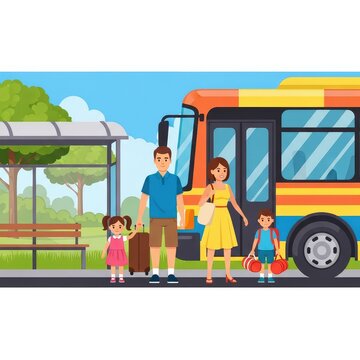 Illustrated Family Waiting at Bus Stop With Suitcases