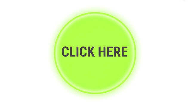 Vibrant green circular call to action button with click here text isolated on white.