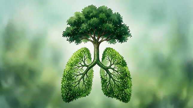 Green tree shaped like human lungs symbolizing clean air environment and respiratory health