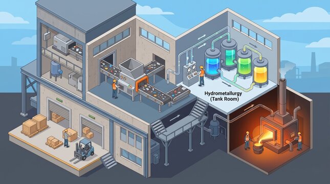 Modern isometric 3D model of a recycling center with muted grey tones, exposing internal rooms for shredding, hydrometallurgy, and pyrometallurgy.
