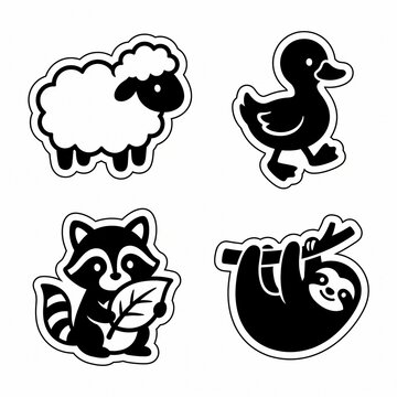 Cute Baby Sheep, Duck, Raccoon and Sloth Black Vector Sticker Set with White Die-Cut Outline