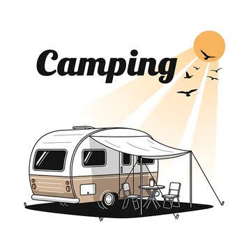 Vintage Style Camper Van Camping Illustration with Sun and Flying Birds
