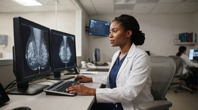 Female radiologist reviewing mammography images in a modern diagnostic center, preventive healthcare, realistic medical environment, Pink October, Breast Cancer Prevention Campaign