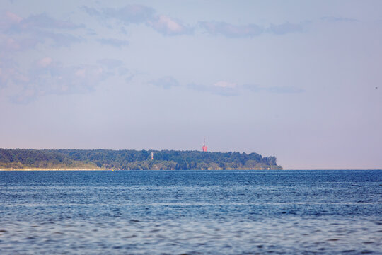 Distant coastline across the Gulf of Riga from Jaunkemeri beach, Jurmala city on a Baltic Coast, Latvia