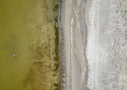 Top-down aerial view of a beach in Jaunkemeri area of Jurmala city on a Baltic Coast, Latvia