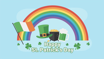 Fototapeta premium Saint Patrick's Day celebration design featuring a big colorful rainbow, Irish flag, leprechaun hat, and pot of gold.