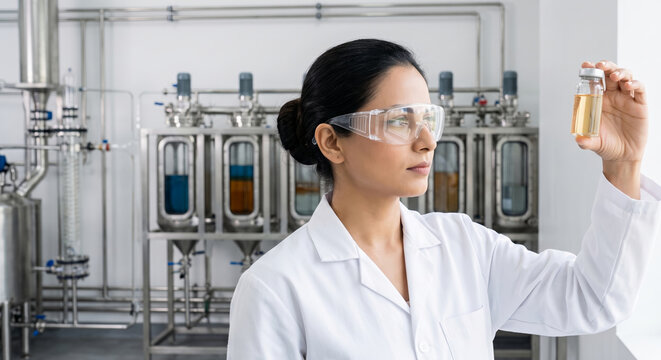 Scientist in a clean lab setting holding a small unlabeled glass vial of amber liquid up to the light for a solvent extraction quality check.