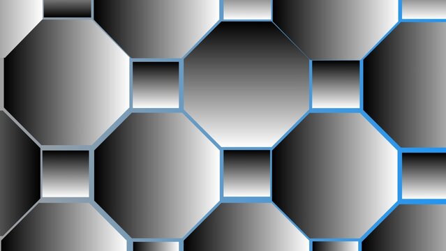 A modern abstract background featuring interconnected octagonal shapes with black, white, and gray gradients, accented by thin blue outlines for a bold 3D geometric effect.
