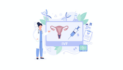Fototapeta premium In vitro fertilization medical poster displays a female doctor presenting an uterine diagram alongside a syringe and genetic helix icons.