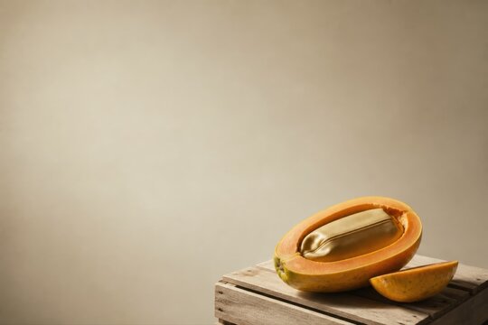 Papaya Still Life on Wooden Crate with Minimal Beige Background