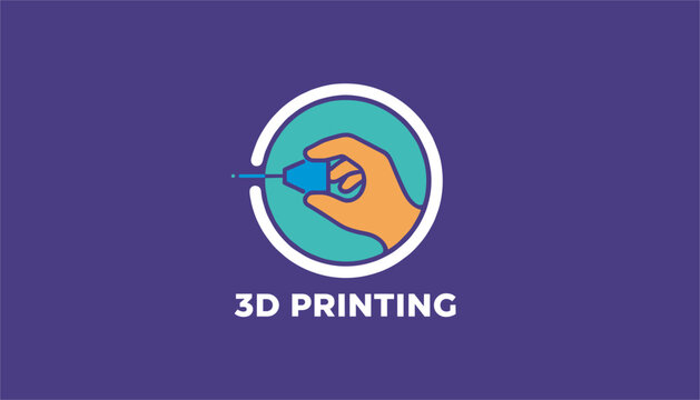 Simple 3D printing vector emblem features a hand holding a blue printing stylus within a white circle on a dark purple background.