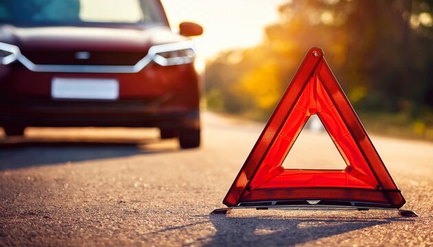 roadside assistance close up view of a red warning triangle on a roadside with a parked car in the background roadside assistance breakdown concept