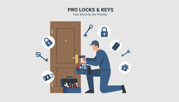 Skilled locksmith in uniform kneels to repair a wooden apartment door handle using a screwdriver and professional tools from his toolbox.