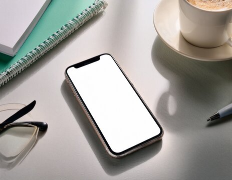 ai decision simplification mock up of blank smartphone on minimalist desk with white coffee cup notebooks and office supplies in bright workspace