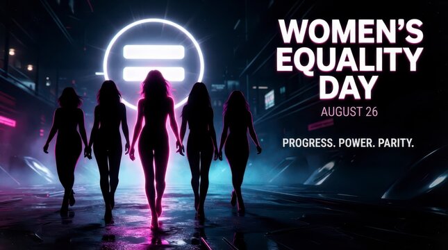 Three silhouettes walking toward Women's Equality Day light