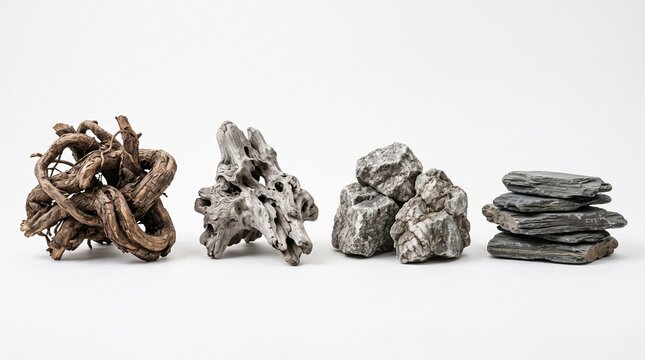 Natural terrarium decor set, organic driftwood and aquarium stones on white background, aquascaping hardscape materials