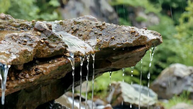 Rainwater trickling gently between wet forest stones and muddy ground capturing soothing liquid motion for nature relaxation and peaceful outdoor soundscapes