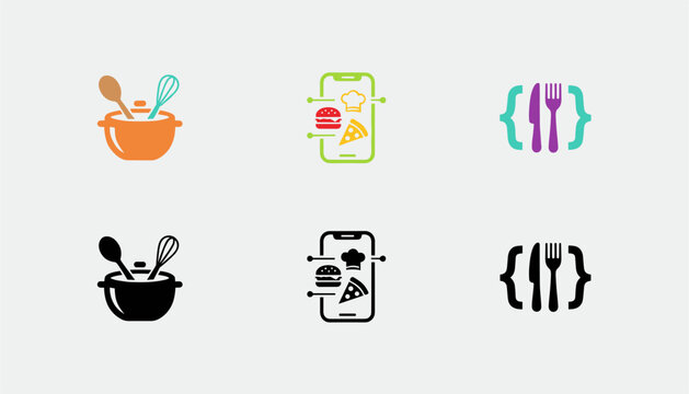 Food and cooking icons set displaying culinary technology logos like a mobile phone app, pot, and fork with knife.
