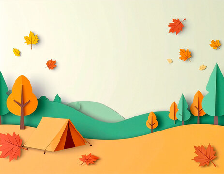 Autumn camping tent on hills paper cut style background with copy space, fall season outdoor nature travel vector illustration