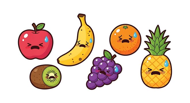 Cute Cartoon Fruits Sweating and Looking Anxious or Stressed Out