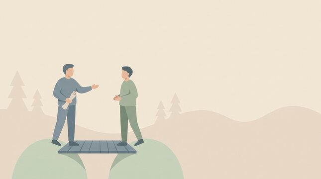 知識継承と事業承継を表す橋でつながる二人