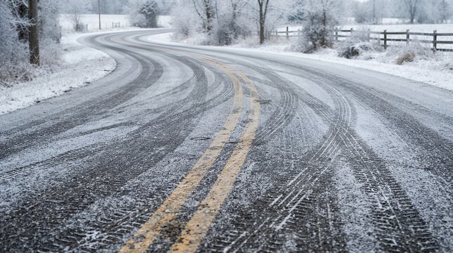 Icy winter road with tire tracks, dangerous slippery asphalt highway in snow, cold weather driving conditions