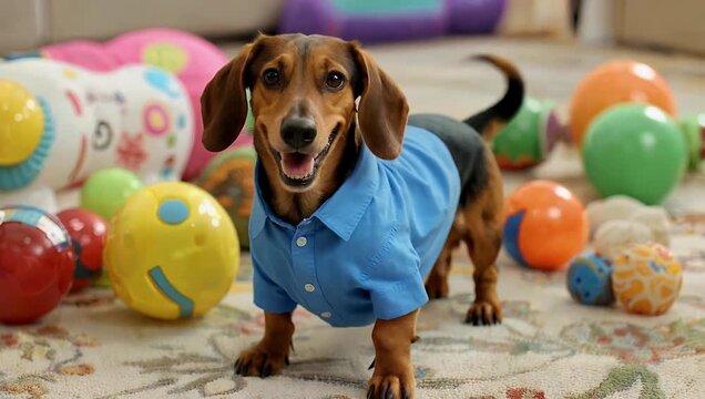 A happy dachshund puppy wearing a blue shirt playing among colorful toys in a sunlit living room exuding warmth joy and domestic happiness