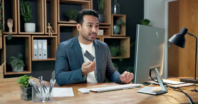 Credit card, computer and man in office for payment, financial investment and internet banking. Tech, typing and happy person with debit for business expense, online shopping or fintech budget