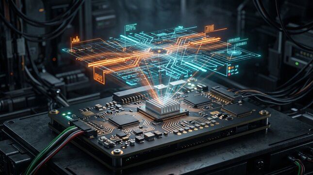 Microcontroller Circuit Board Holographic Data Tech Render