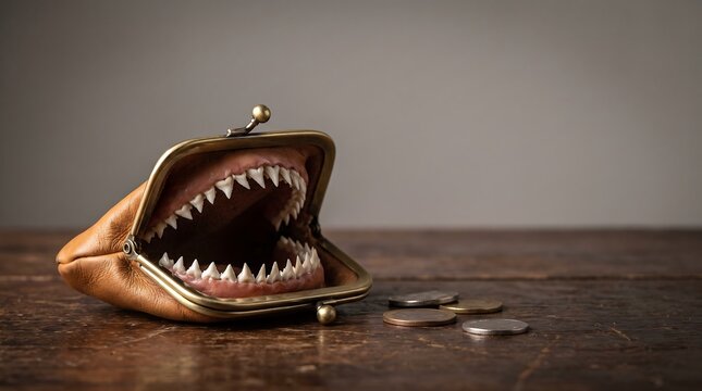 Surreal concept of vintage leather coin purse with sharp monster teeth eating money