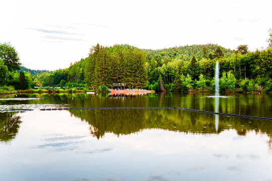 landscape scenery of the pond Camping du Muhlenbach, in Sturzelbronn, Northern Vosges Regional Nature Park (Lorraine, France) near the German border