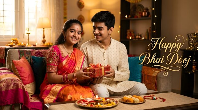 Young indian brother and sister celebrating bhai dooj festival with gift and traditional sweets